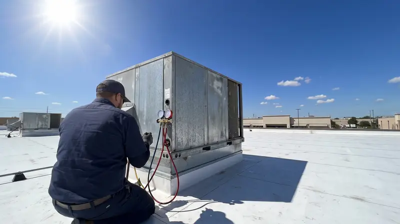 MC Systems technician taking pressure readings on a rooftop unit