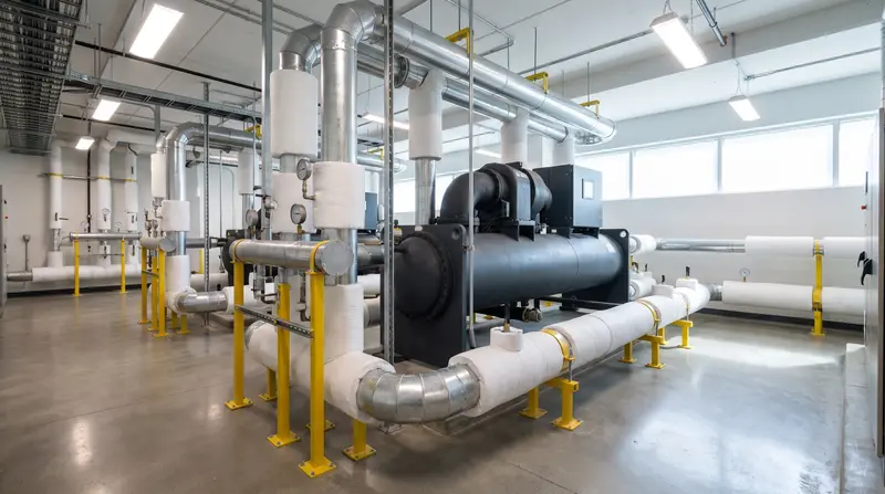 Commercial chiller plant with insulated piping in a mechanical room