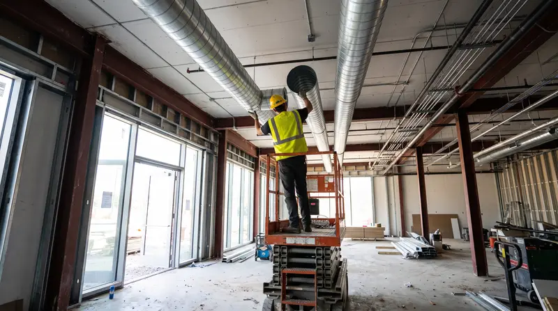 Spiral ductwork installation in a commercial tenant space under construction