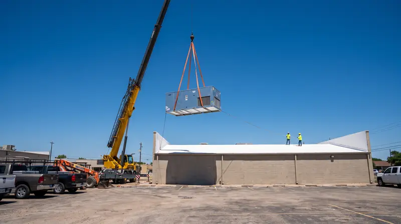 Crane lifting a packaged HVAC unit onto a commercial roof in Austin