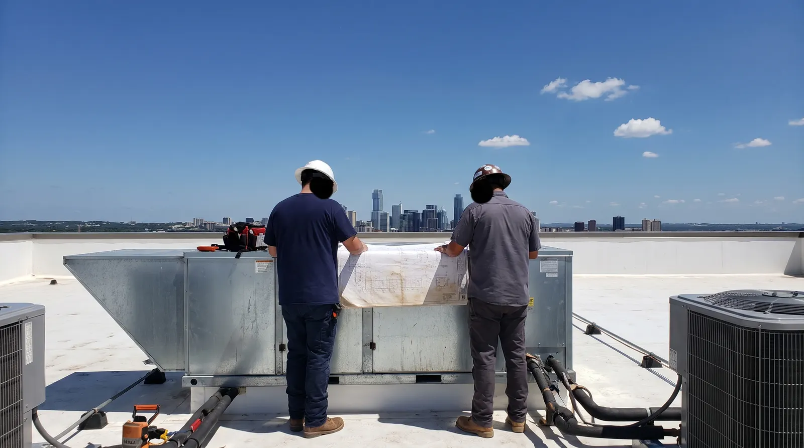 Technicians reviewing plans on a commercial rooftop in Austin, Texas