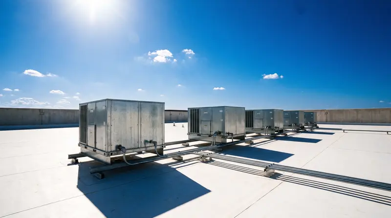 Row of packaged rooftop units on a commercial roof in Austin, Texas