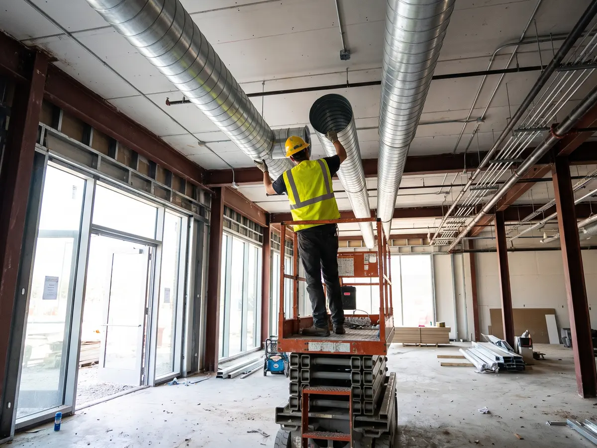 Galvanized spiral duct runs across an open ceiling in a commercial build-out