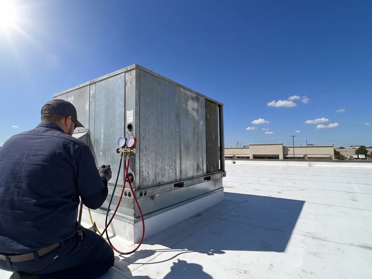 MC Systems technician checking gauges on a rooftop unit in Austin