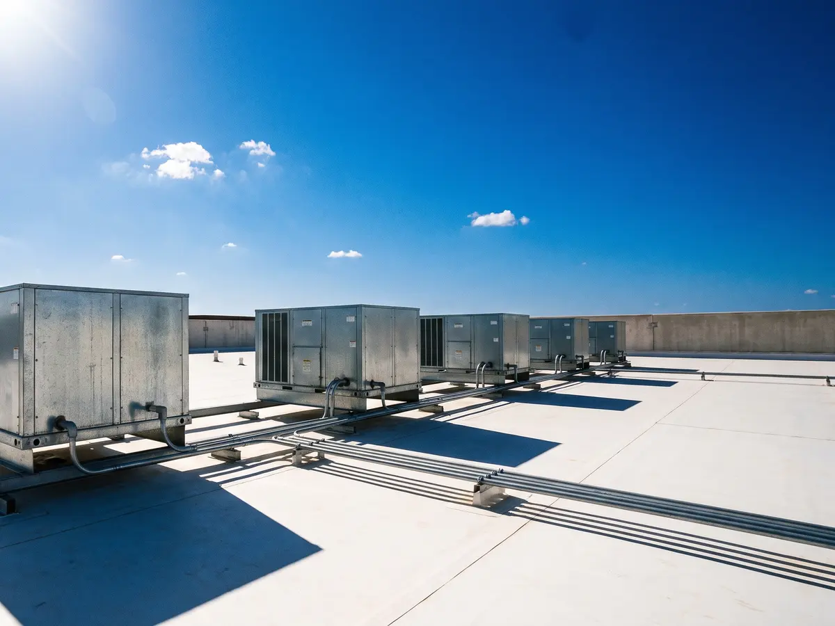 Row of rooftop units lined up for replacement on an Austin commercial roof