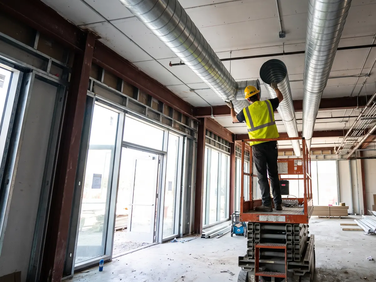 Spiral ductwork installed in an open-ceiling tenant space in Austin